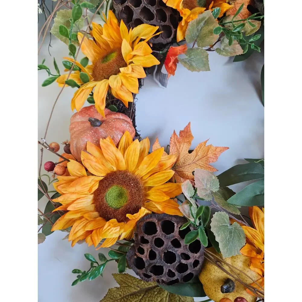 Sunflower Wreath Pumpkins Dried Gourds Twig Base Fall Handmade 30x6